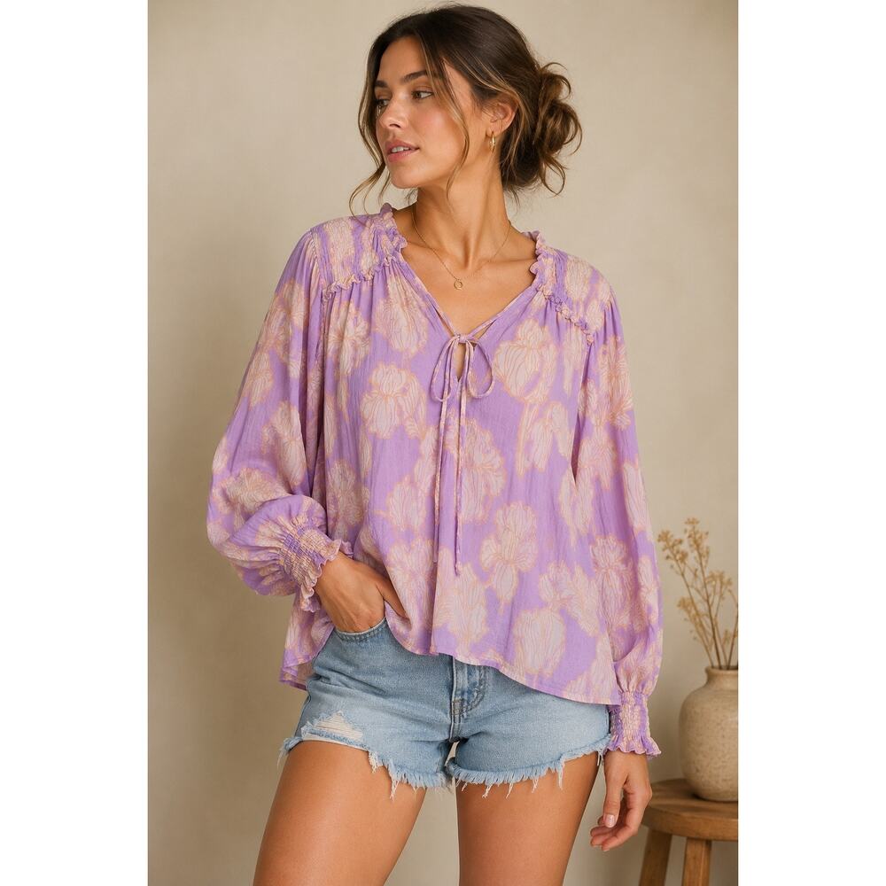 Ro’s Garden XL Lavender Floral Boho Cotton Peasant Blouse